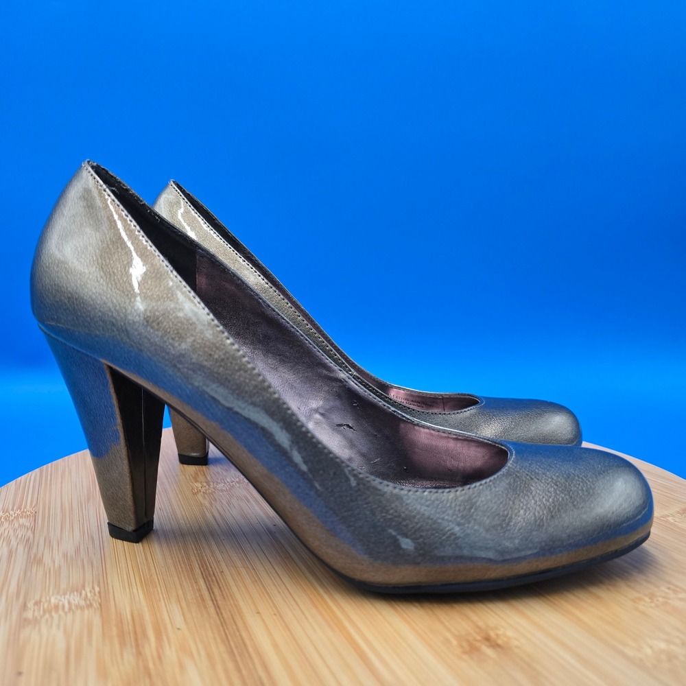 Etienne Aigner Gray Patent Leather Block Heel Pumps Shoes Women's Size 8.5